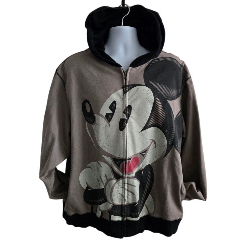 Disney Mickey Mouse Jacket Mens Size XL Full Zip Hoodie Tan Black